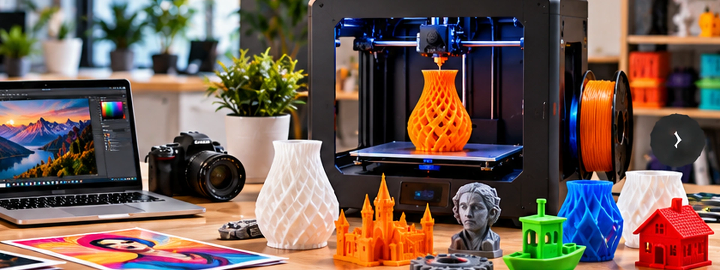 Renkli yazıcı ve 3D yazıcıların yer aldığı modern teknoloji showroomu